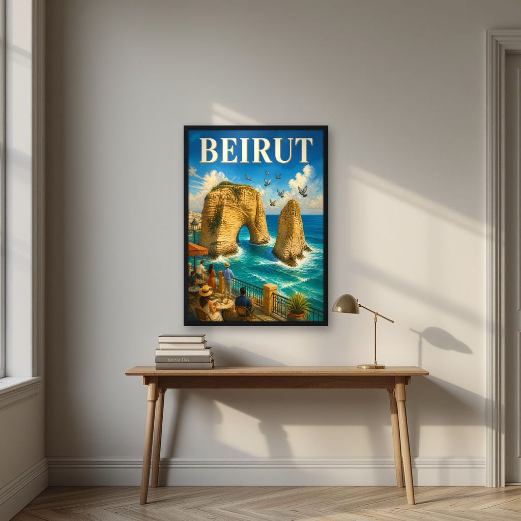 Cafe Raouche — Beirut art print, in a black frame, styled in a desk
