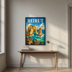 Cafe Raouche — Beirut art print, in a black frame, styled in a desk