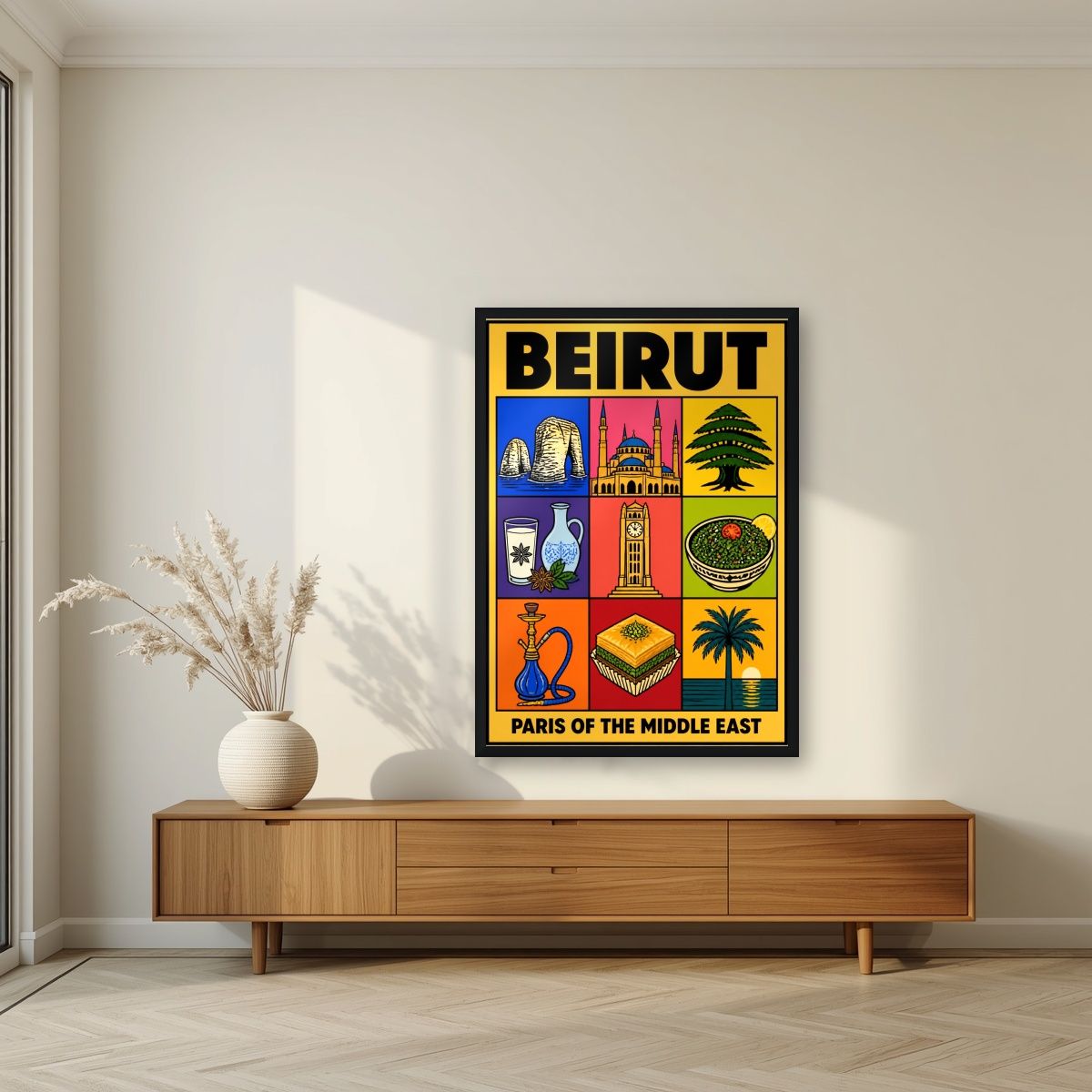 Mezze & Mosaics — Beirut art print, in a black frame, styled in a living room