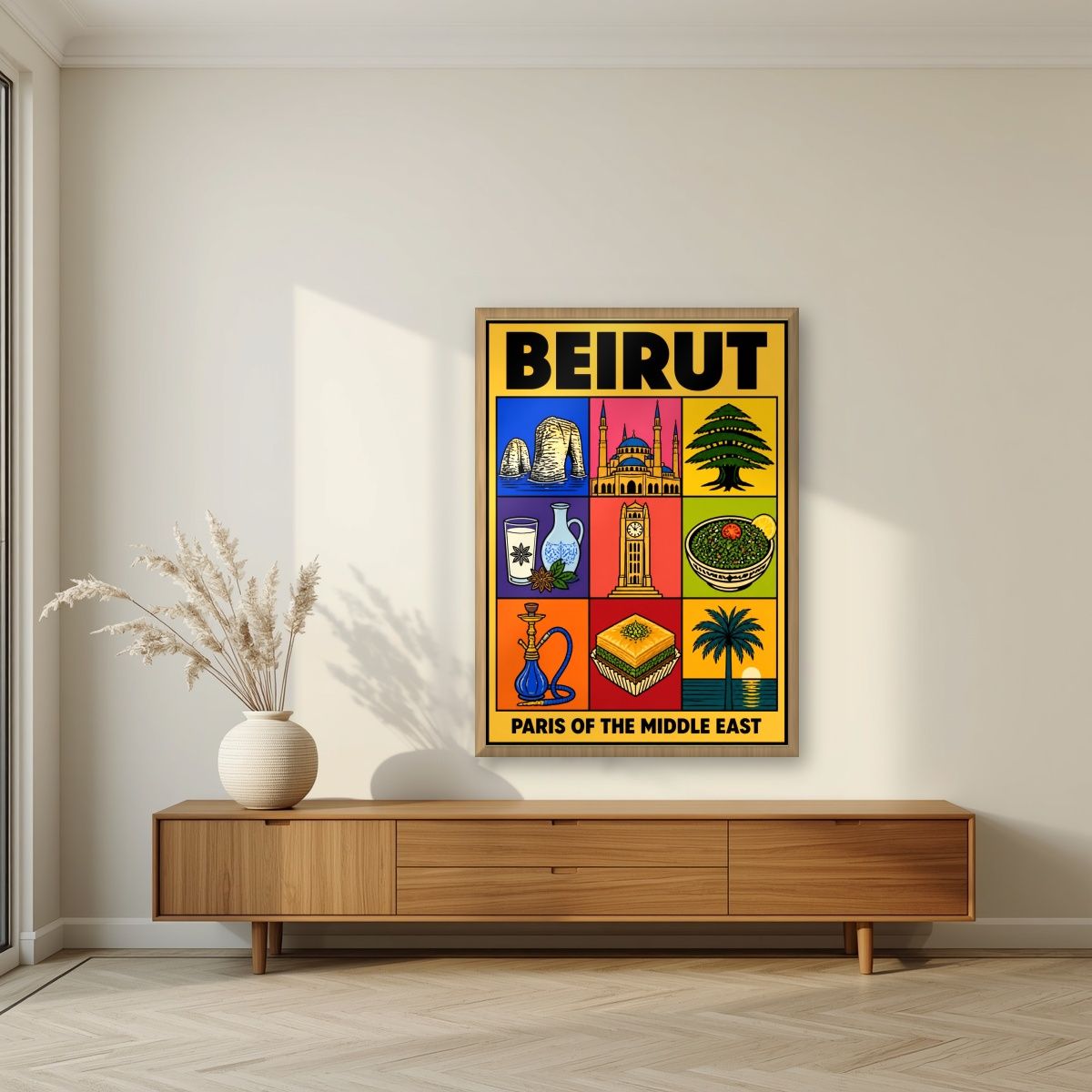 Mezze & Mosaics — Beirut art print, in an oak frame, styled in a living room
