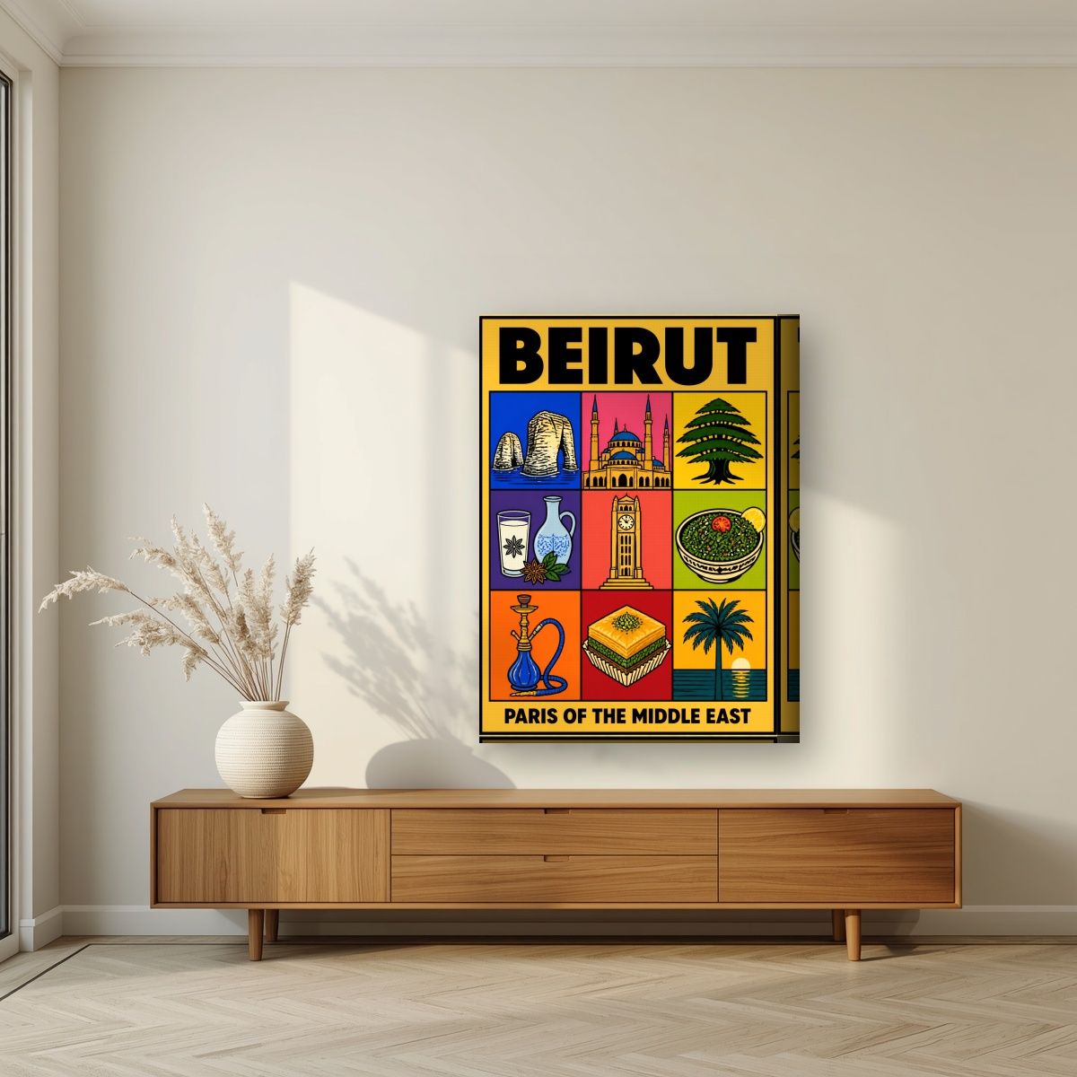 Mezze & Mosaics — Beirut art print, on thick canvas, styled in a living room
