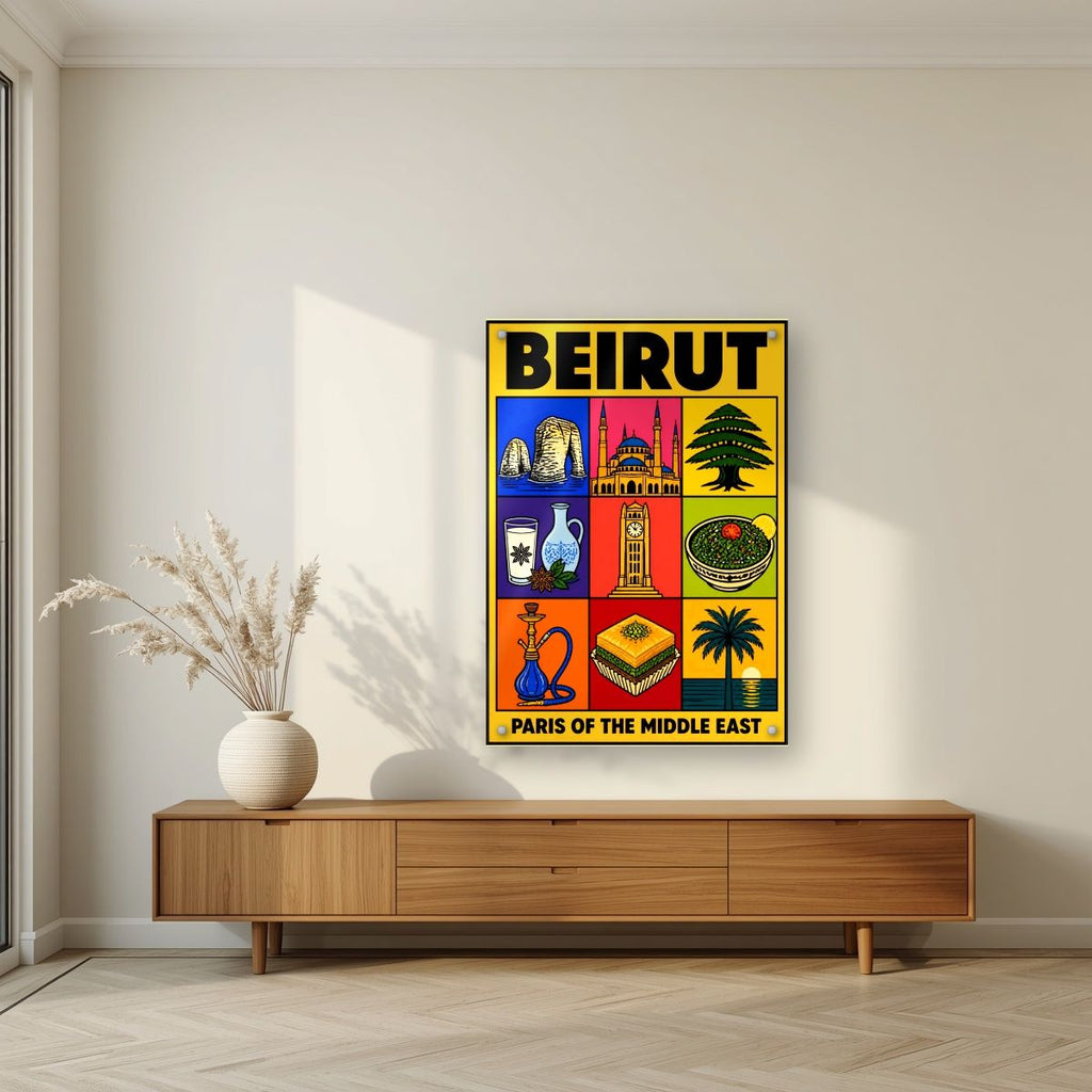 Mezze & Mosaics — Beirut art print, as an acrylic print, styled in a living room