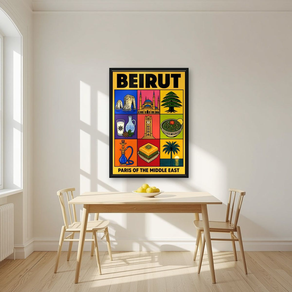 Mezze & Mosaics — Beirut art print, in a black frame, styled in a kitchen