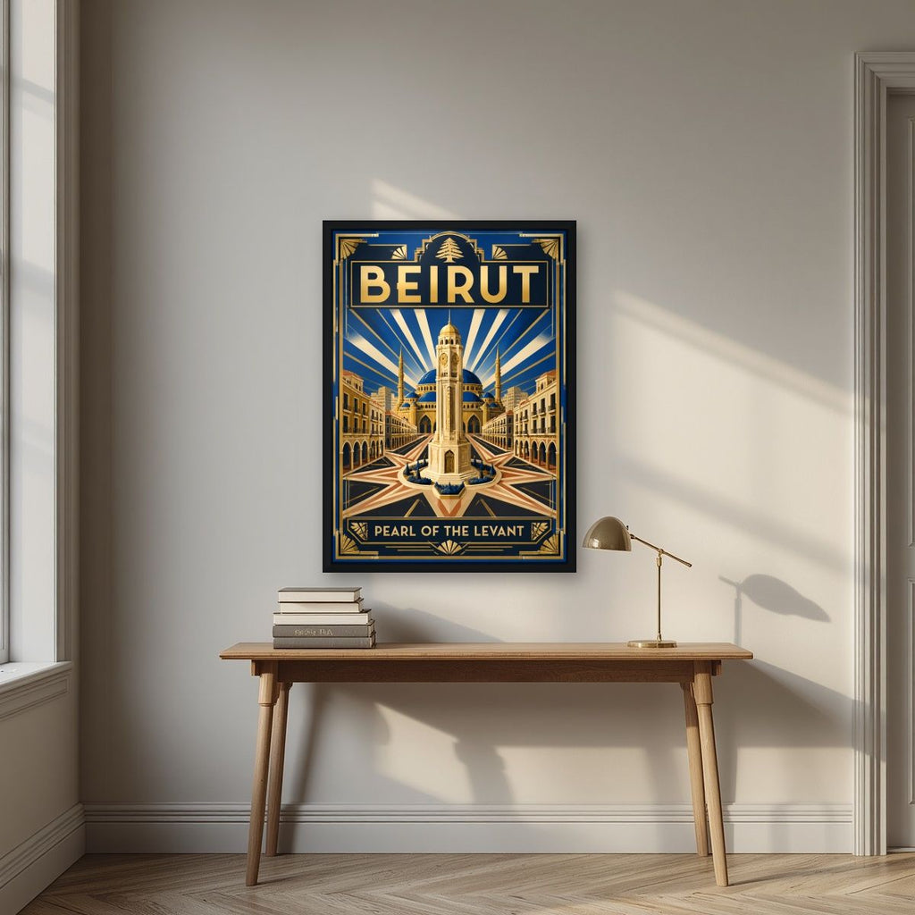 Sahet el Nejmeh — Beirut art print, in a black frame, styled in a desk