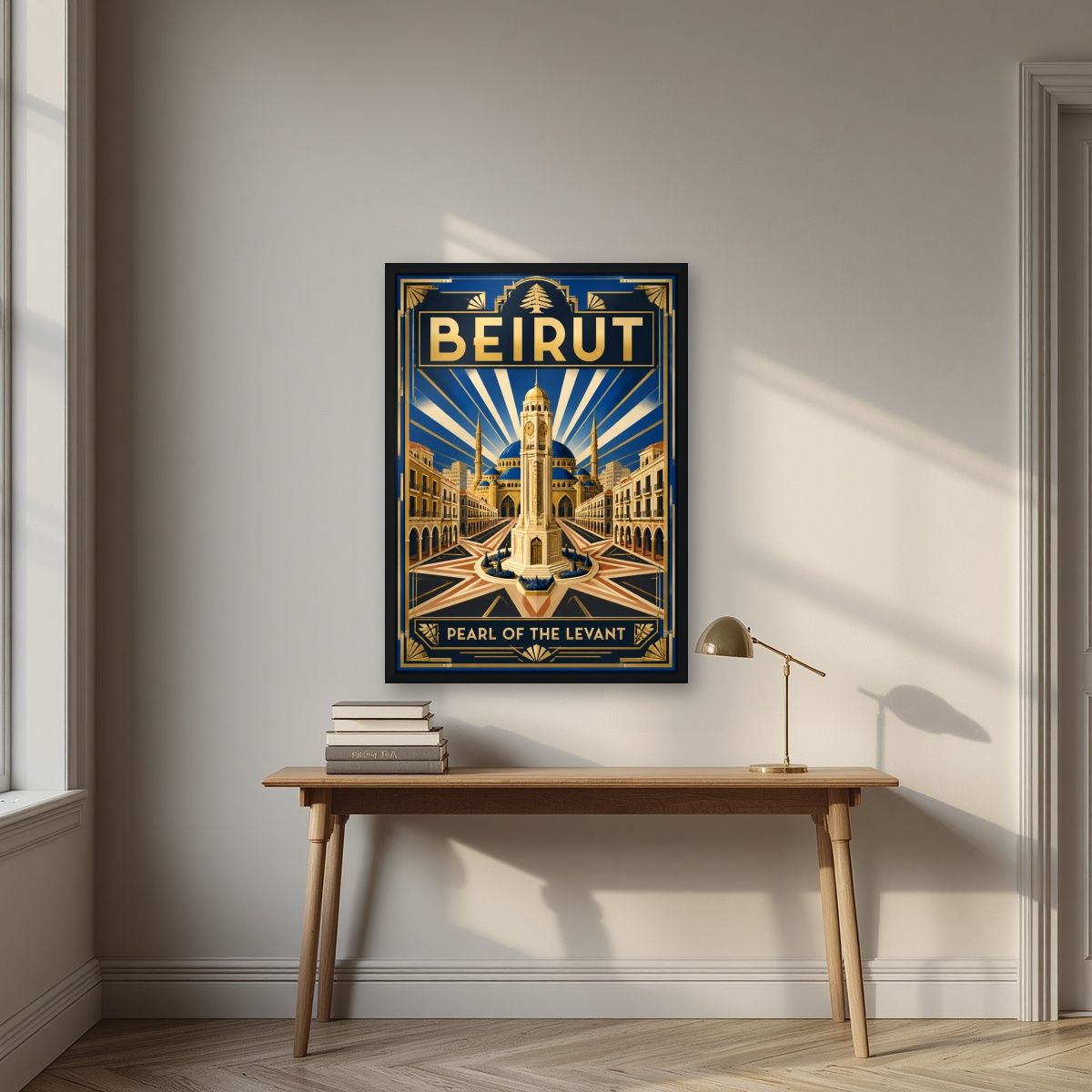 Sahet el Nejmeh — Beirut art print, in a black frame, styled in a desk