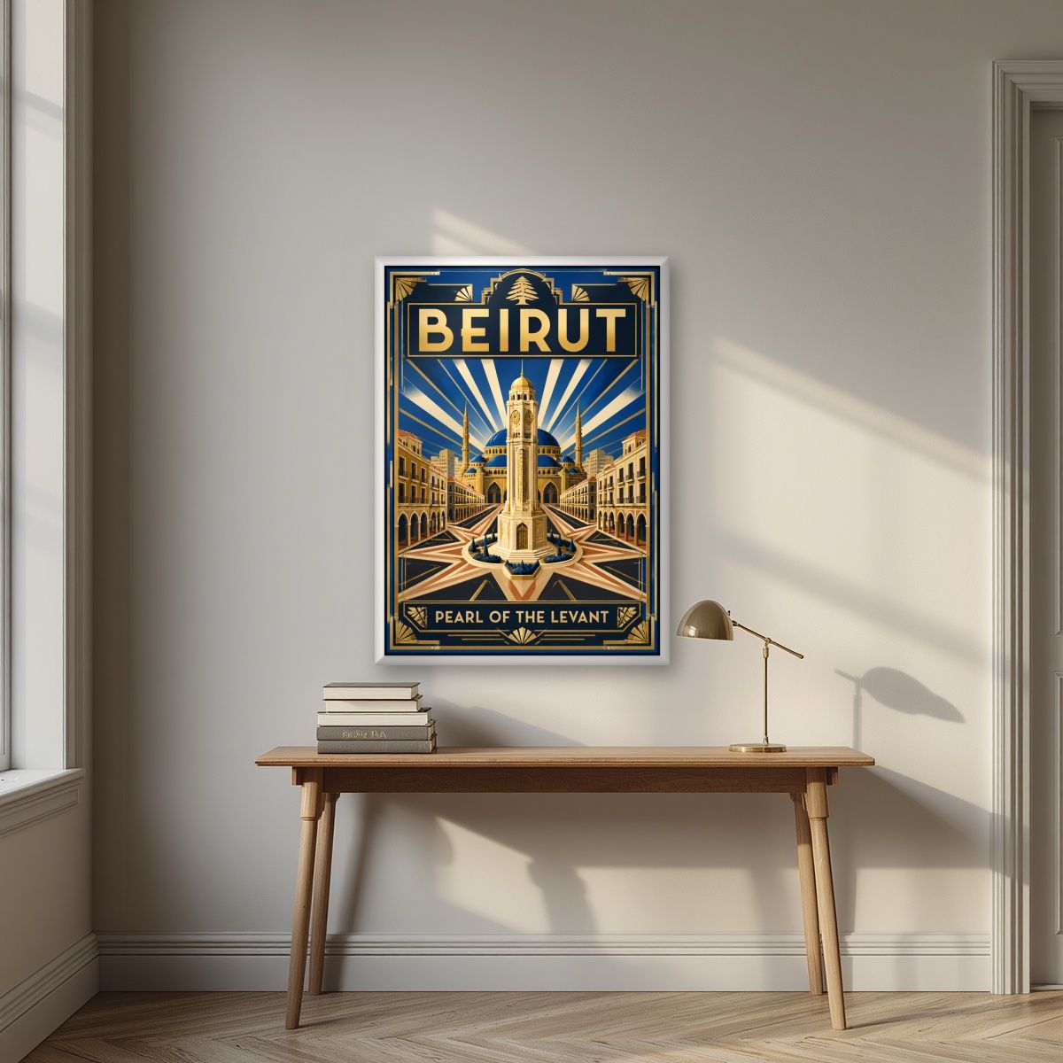 Sahet el Nejmeh — Beirut art print, in a white frame, styled in a desk
