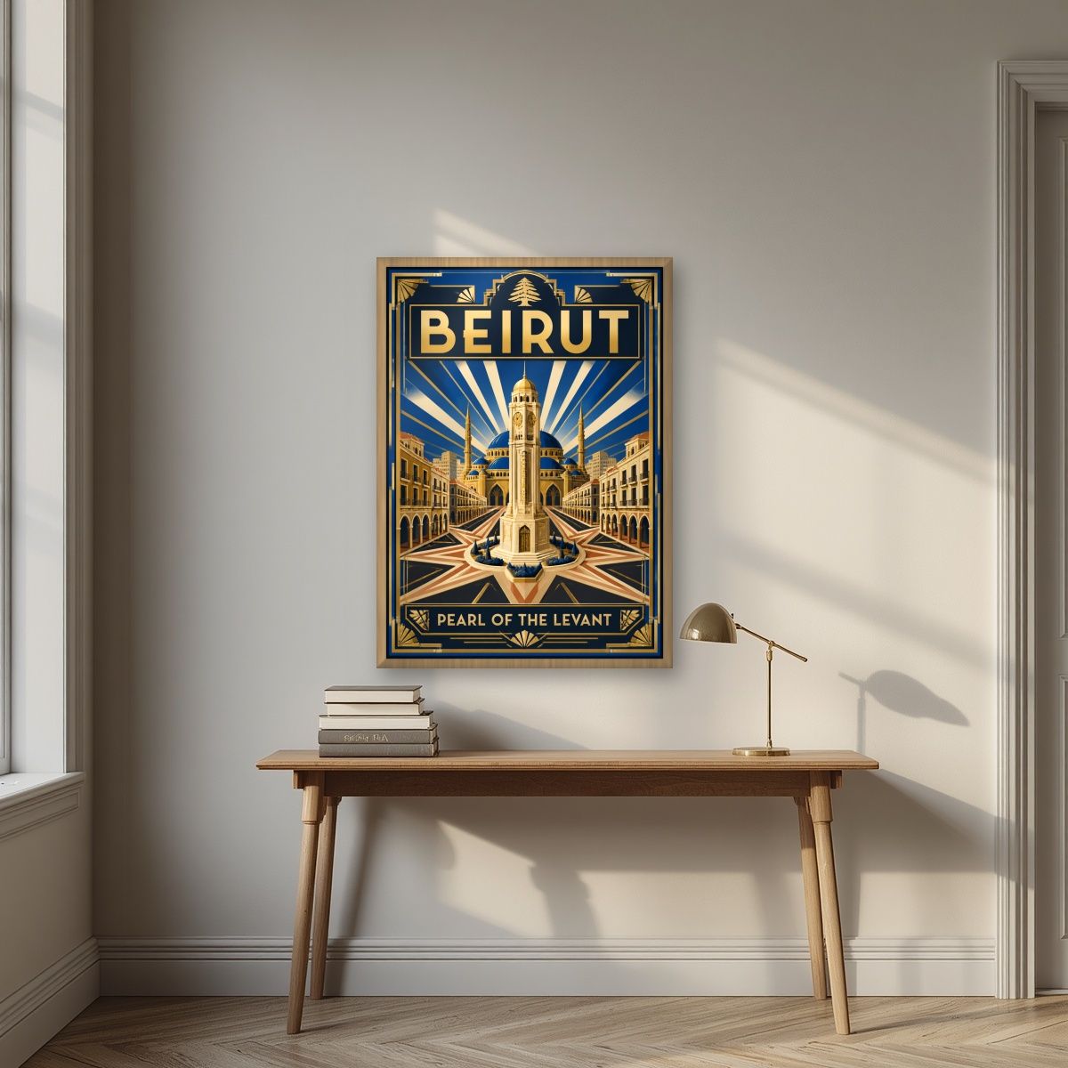 Sahet el Nejmeh — Beirut art print, in an oak frame, styled in a desk