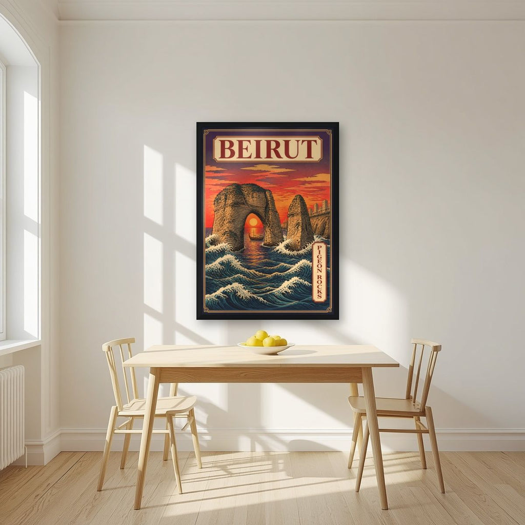 Sakhrat al Rawshe — Beirut art print, in a black frame, styled in a kitchen