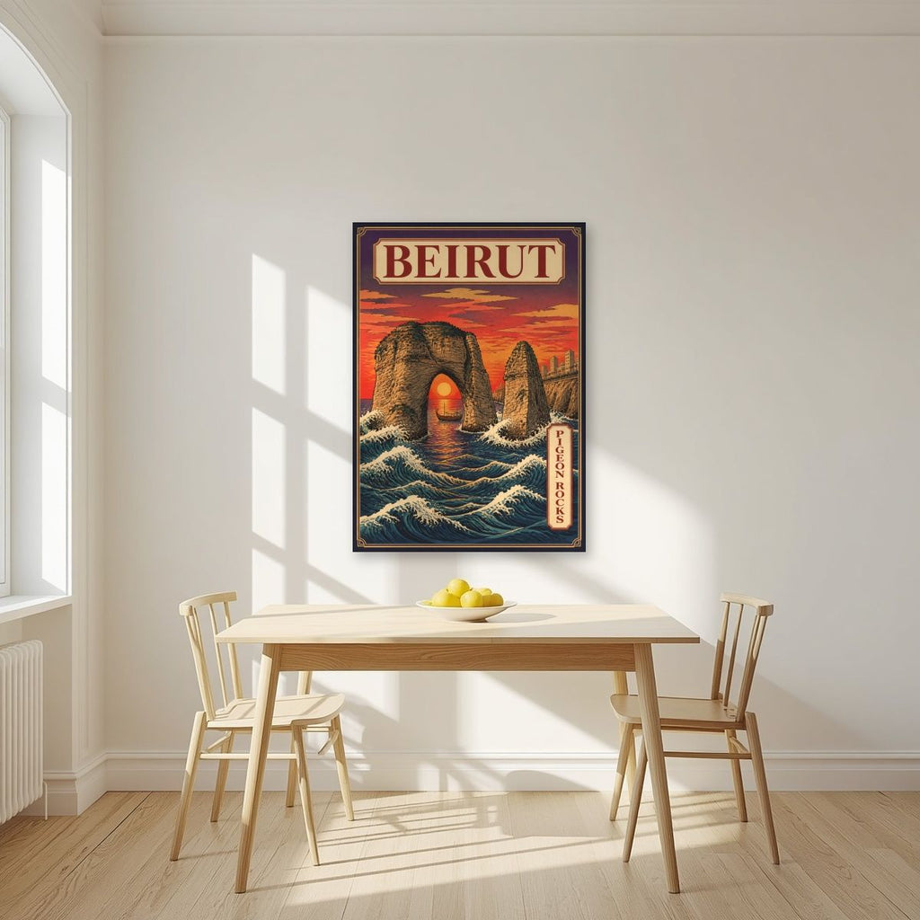 Sakhrat al Rawshe — Beirut art print, unframed poster, styled in a kitchen