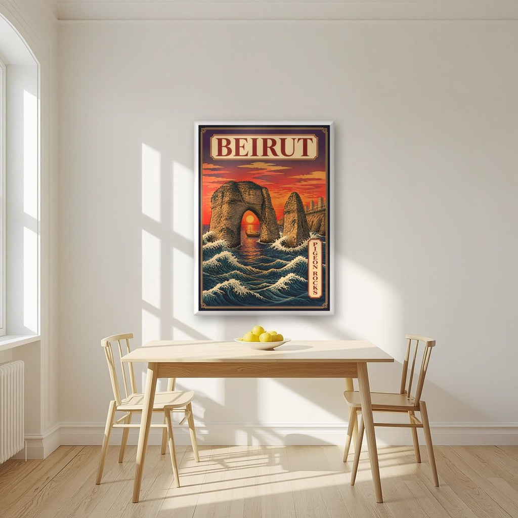 Sakhrat al Rawshe — Beirut art print, in a white frame, styled in a kitchen