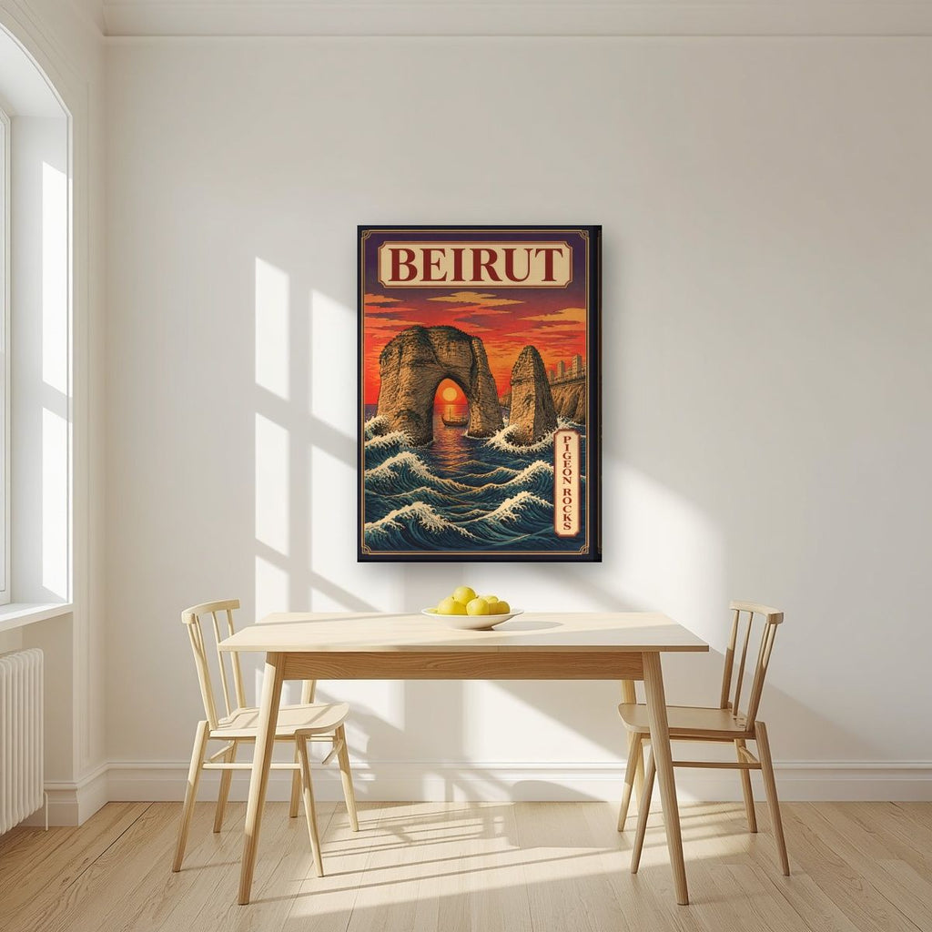 Sakhrat al Rawshe — Beirut art print, on slim canvas, styled in a kitchen