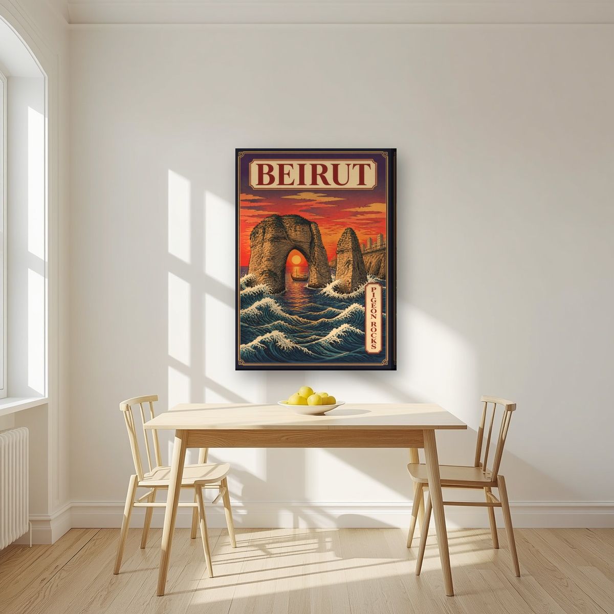 Sakhrat al Rawshe — Beirut art print, on slim canvas, styled in a kitchen