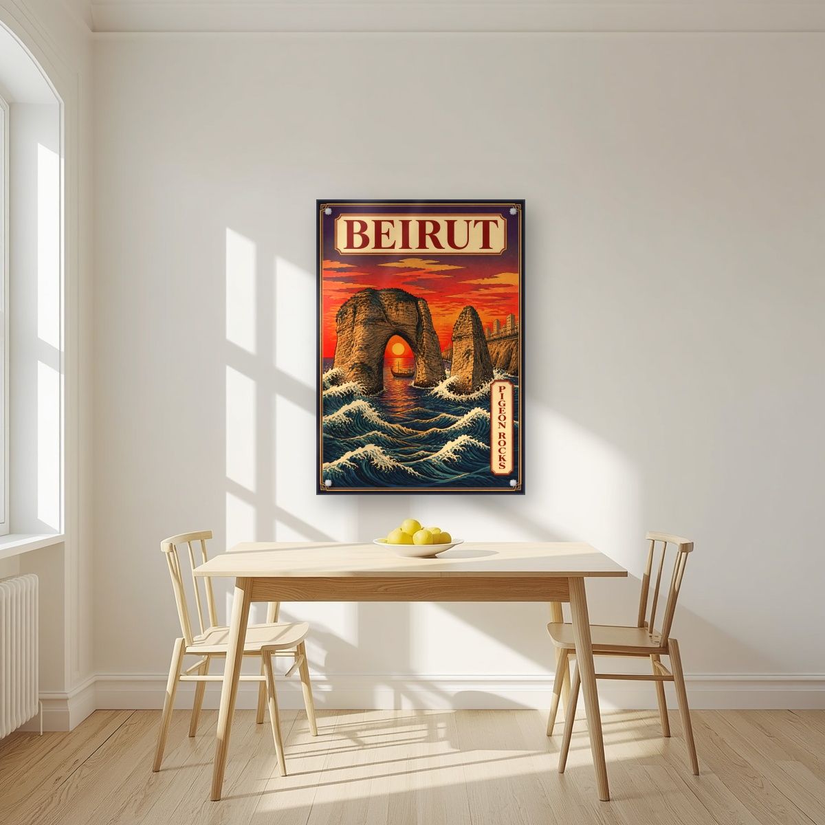 Sakhrat al Rawshe — Beirut art print, as an acrylic print, styled in a kitchen