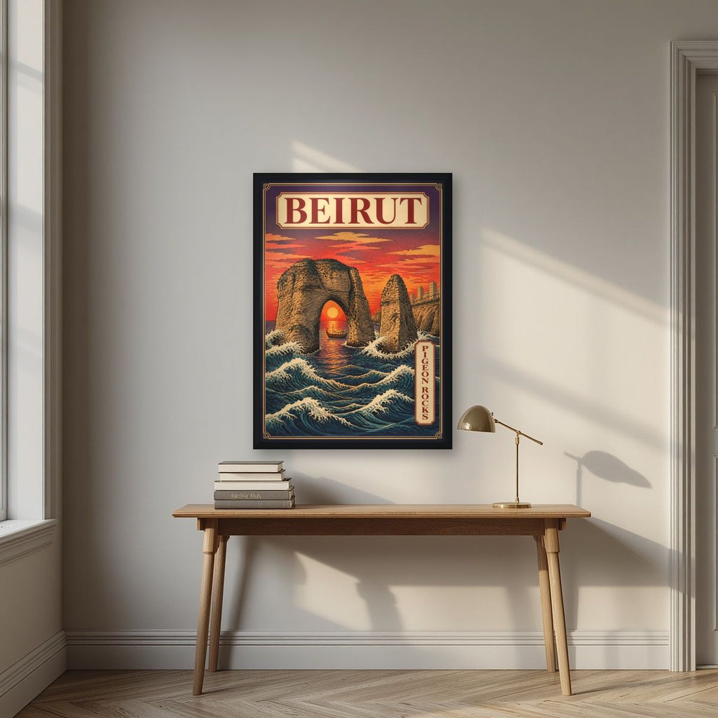 Sakhrat al Rawshe — Beirut art print, in a black frame, styled in a desk