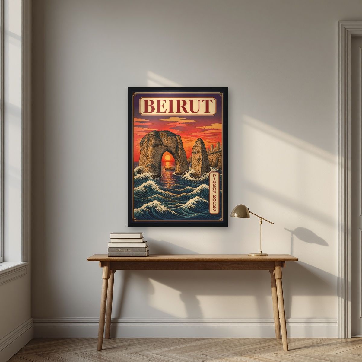 Sakhrat al Rawshe — Beirut art print, in a black frame, styled in a desk