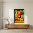 Cradle of the Alphabet — Byblos art print, in a black frame, styled in a living room