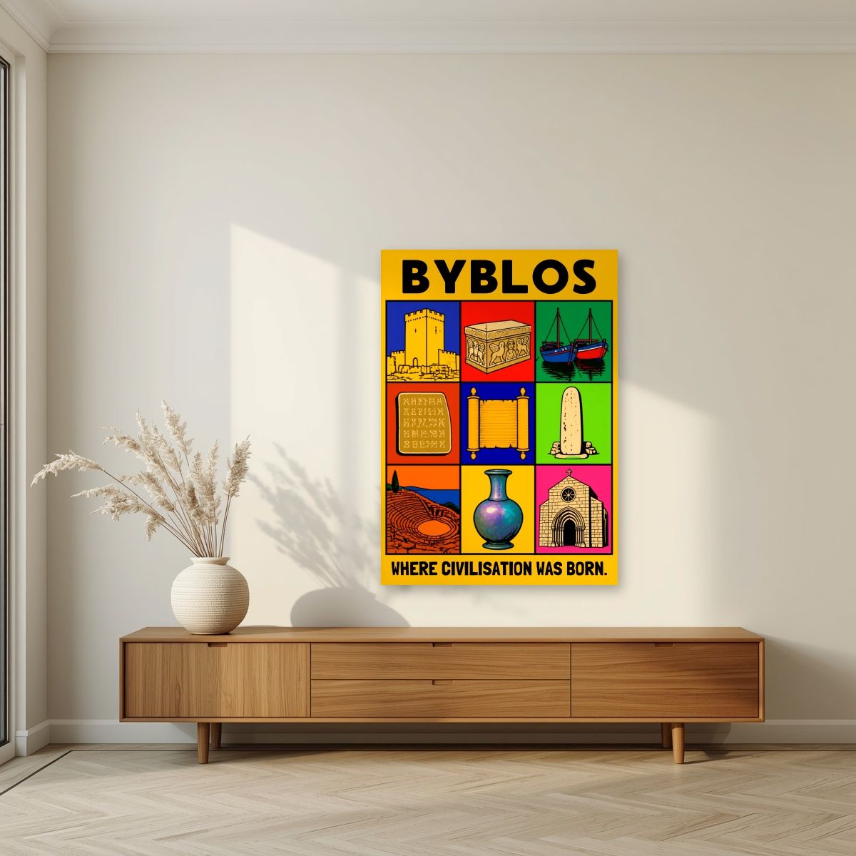 Cradle of the Alphabet — Byblos art print, unframed poster, styled in a living room