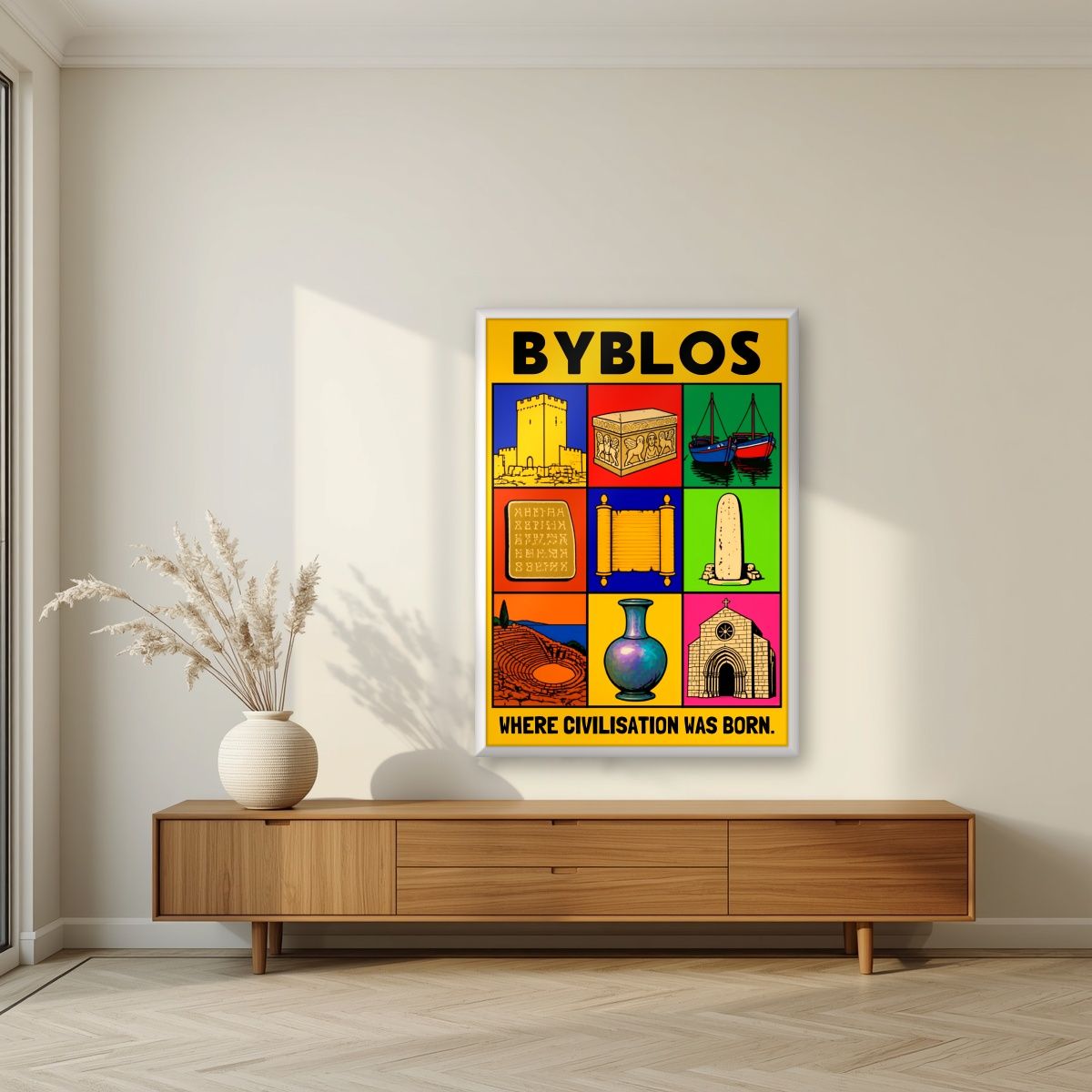 Cradle of the Alphabet — Byblos art print, in a white frame, styled in a living room