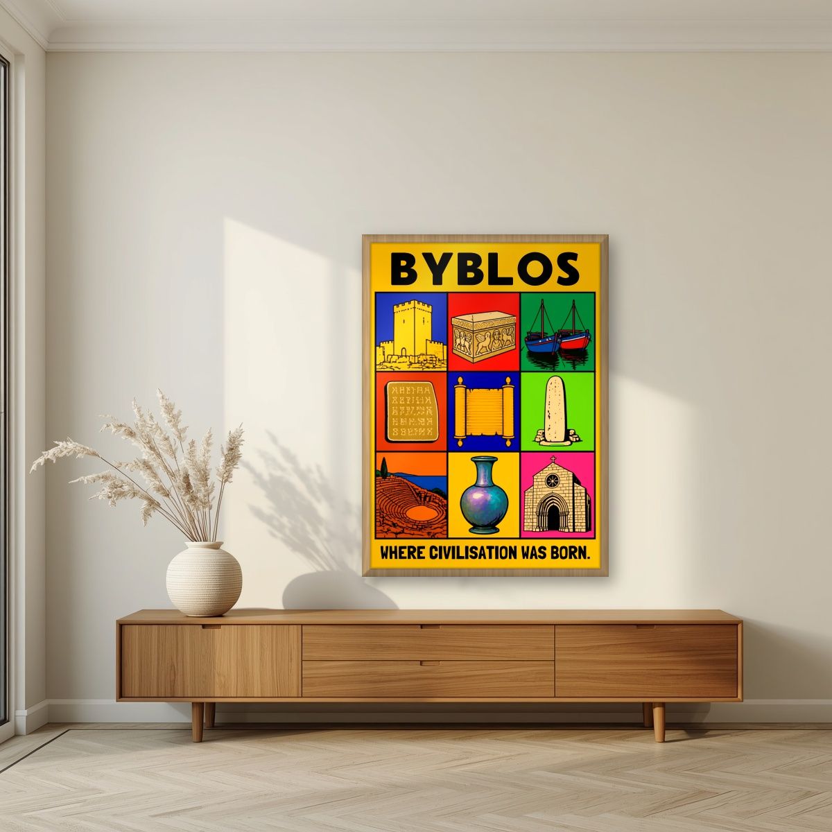 Cradle of the Alphabet — Byblos art print, in an oak frame, styled in a living room