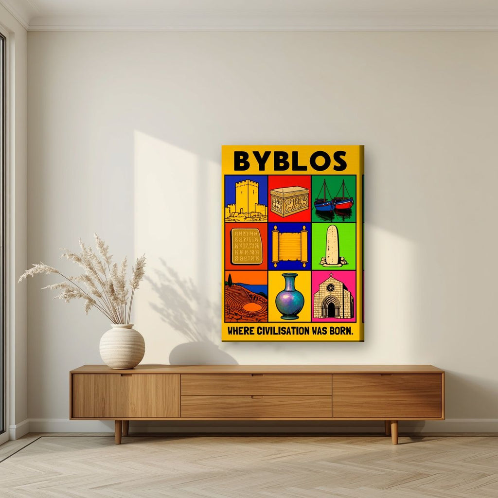 Cradle of the Alphabet — Byblos art print, on slim canvas, styled in a living room