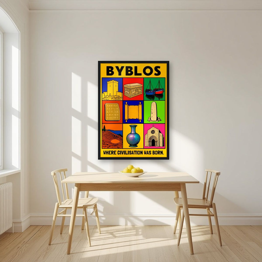 Cradle of the Alphabet — Byblos art print, in a black frame, styled in a kitchen