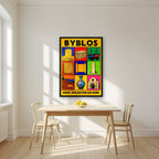Cradle of the Alphabet — Byblos art print, in a black frame, styled in a kitchen
