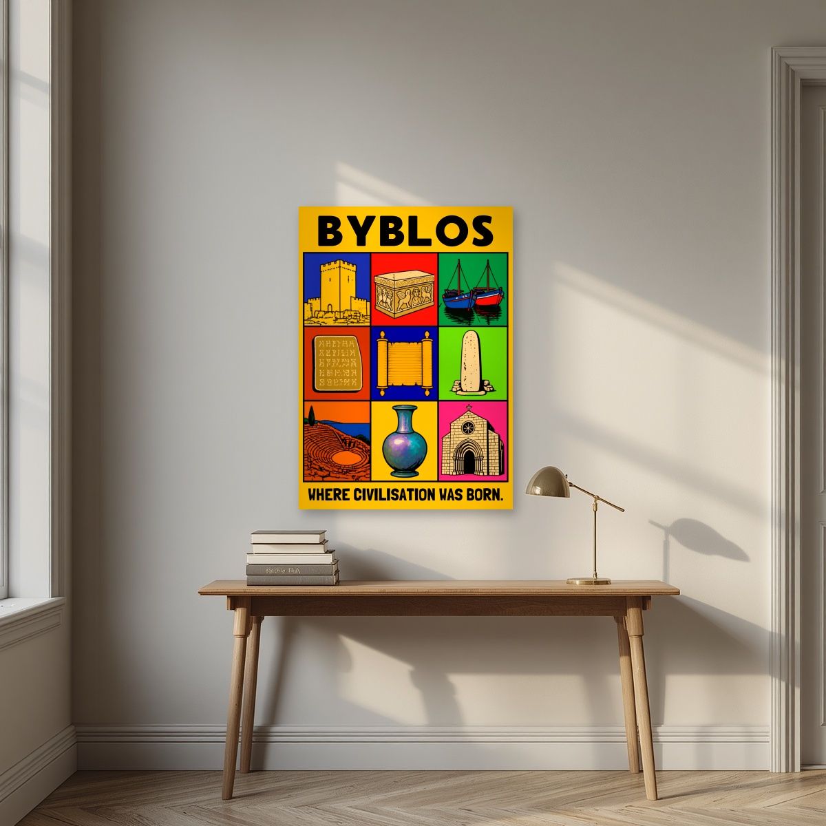 Cradle of the Alphabet — Byblos art print, unframed poster, styled in a desk