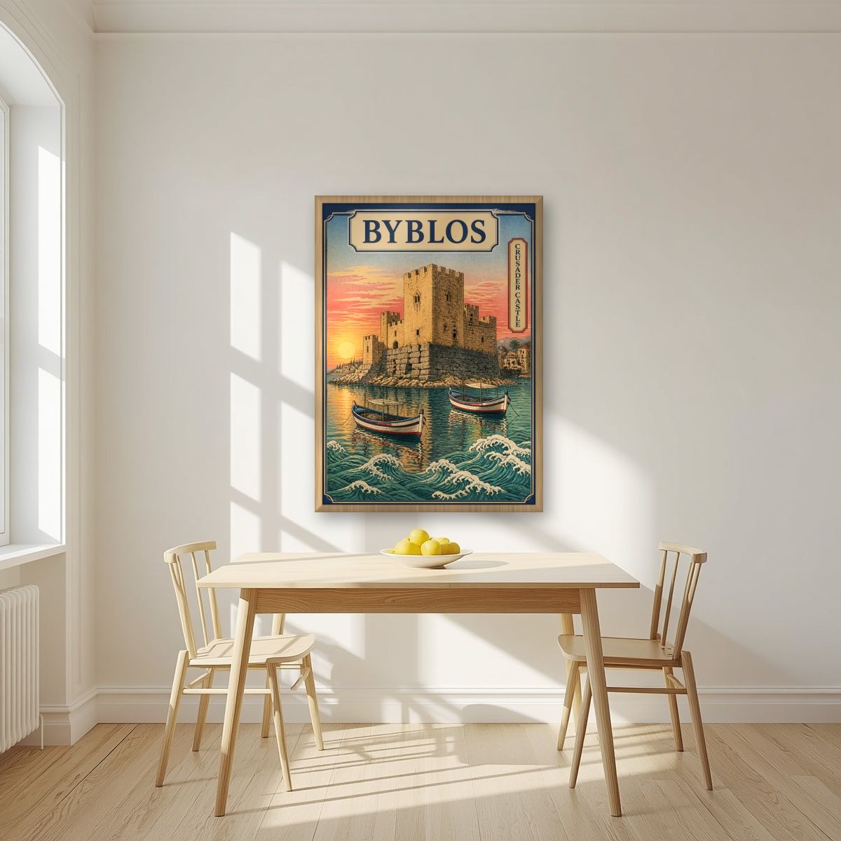 Crusader Castle — Byblos art print, in an oak frame, styled in a kitchen