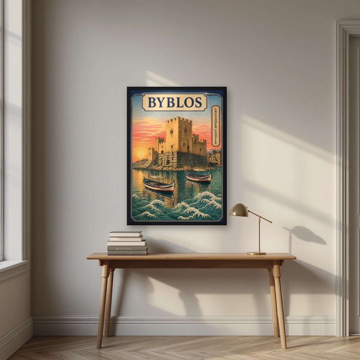 Crusader Castle — Byblos art print, in a black frame, styled in a desk