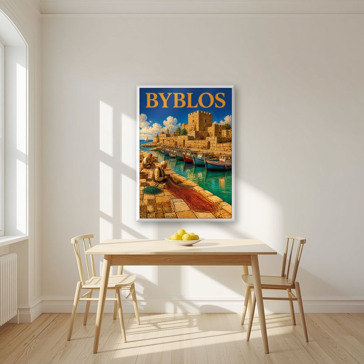 Fishermen's Quay — Byblos art print, in a white frame, styled in a kitchen