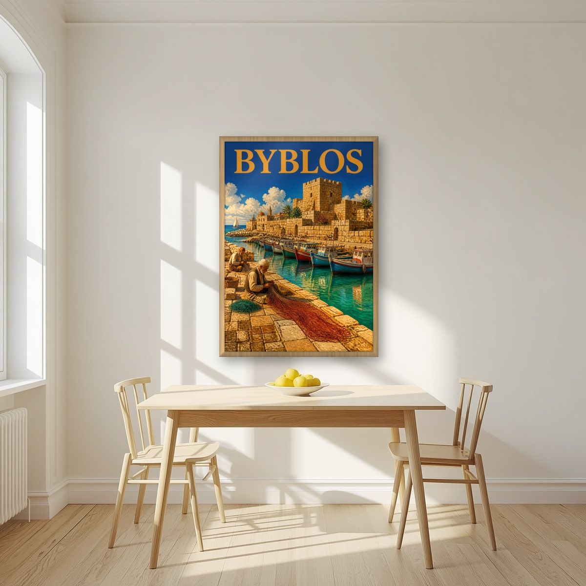 Fishermen's Quay — Byblos art print, in an oak frame, styled in a kitchen