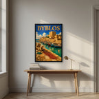 Fishermen's Quay — Byblos art print, in a black frame, styled in a desk