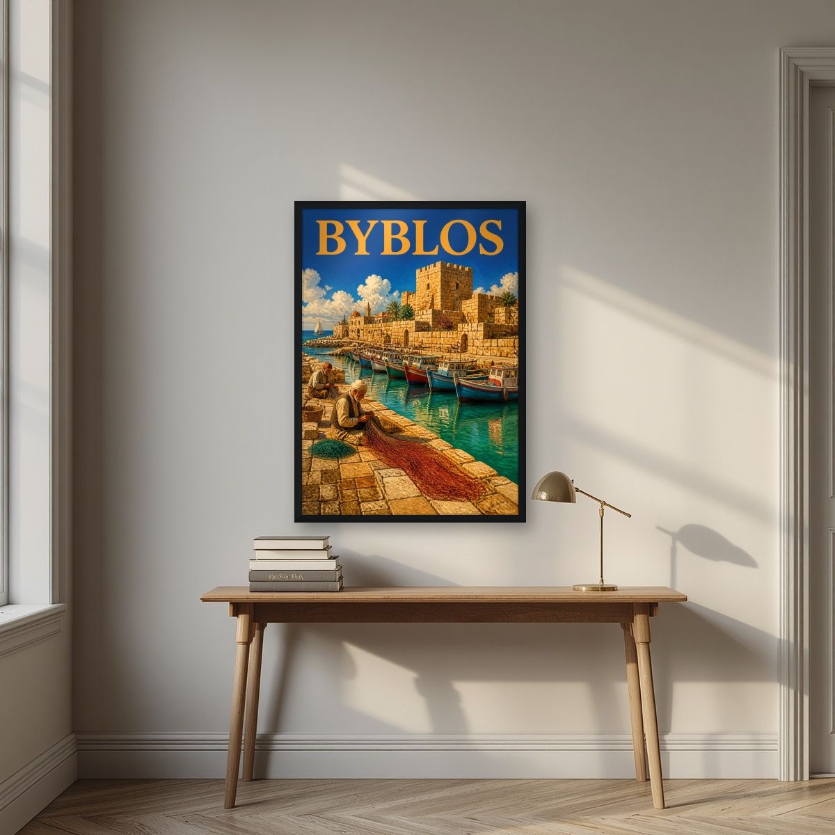 Fishermen's Quay — Byblos art print, in a black frame, styled in a desk