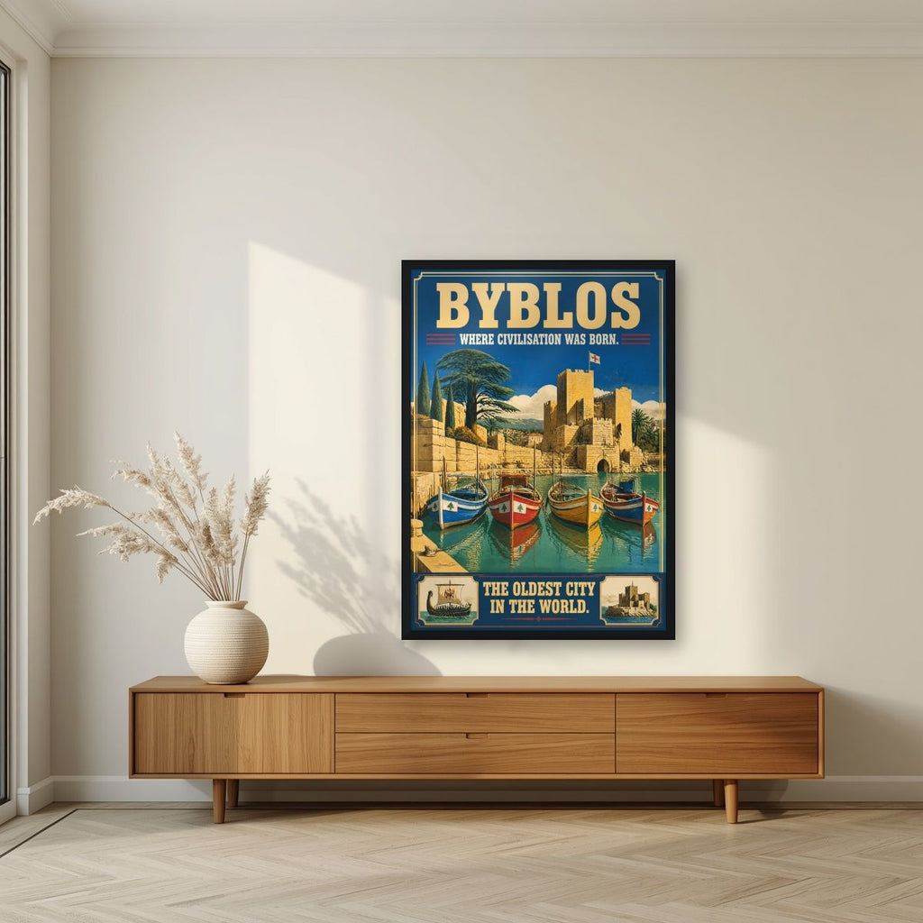 Jbeil Harbour — Byblos art print, in a black frame, styled in a living room