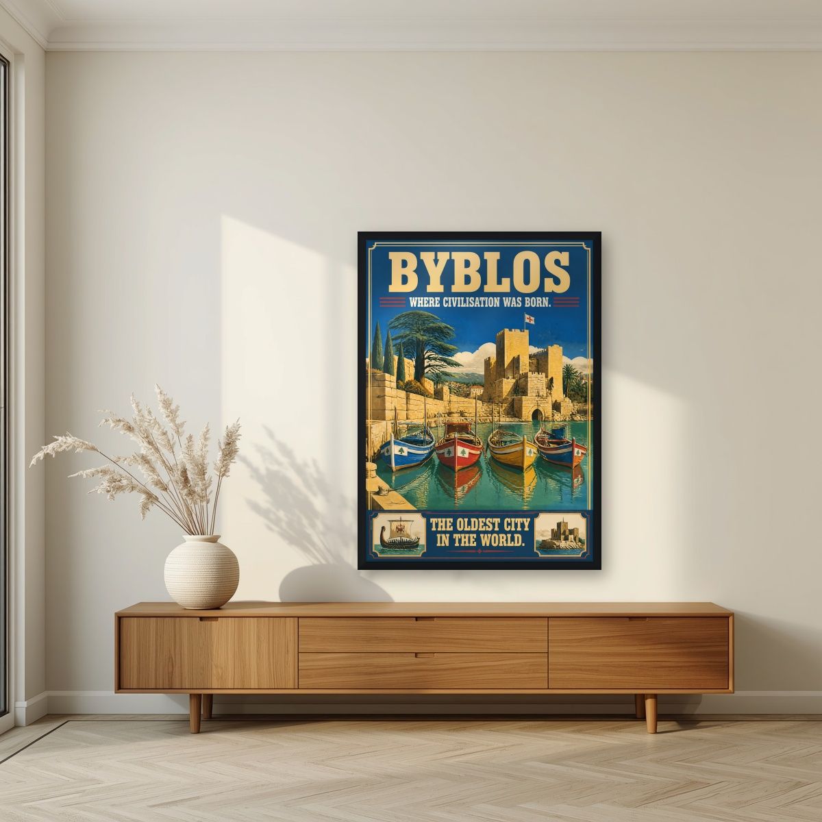 Jbeil Harbour — Byblos art print, in a black frame, styled in a living room