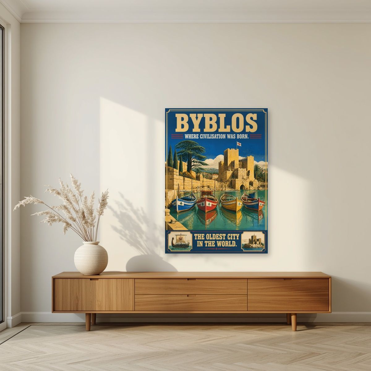 Jbeil Harbour — Byblos art print, unframed poster, styled in a living room
