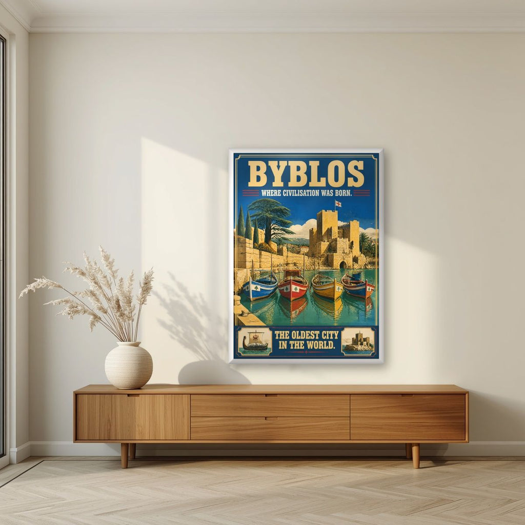 Jbeil Harbour — Byblos art print, in a white frame, styled in a living room