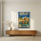 Jbeil Harbour — Byblos art print, in a white frame, styled in a living room