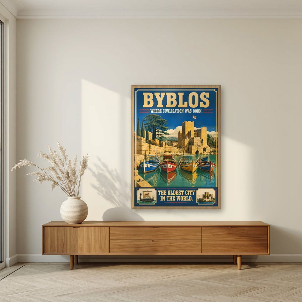 Jbeil Harbour — Byblos art print, in an oak frame, styled in a living room