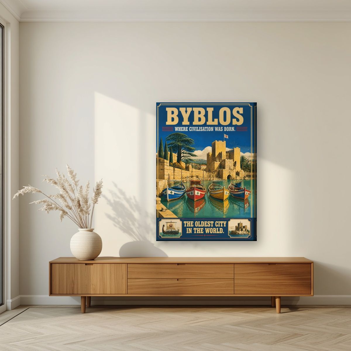 Jbeil Harbour — Byblos art print, on slim canvas, styled in a living room