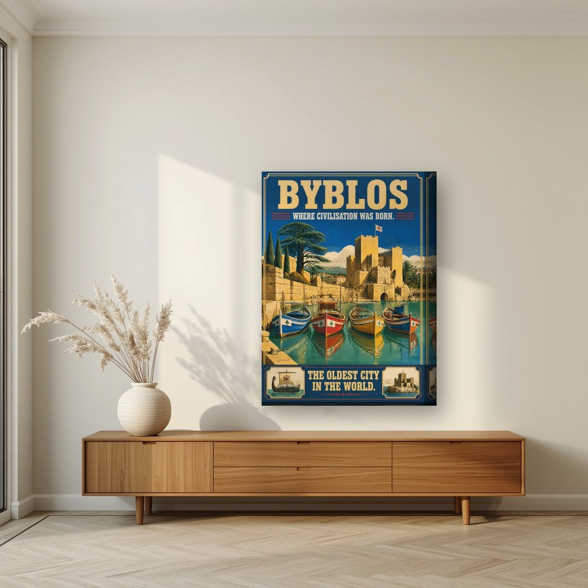 Jbeil Harbour — Byblos art print, on thick canvas, styled in a living room