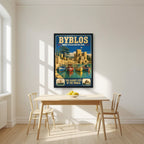Jbeil Harbour — Byblos art print, in a black frame, styled in a kitchen