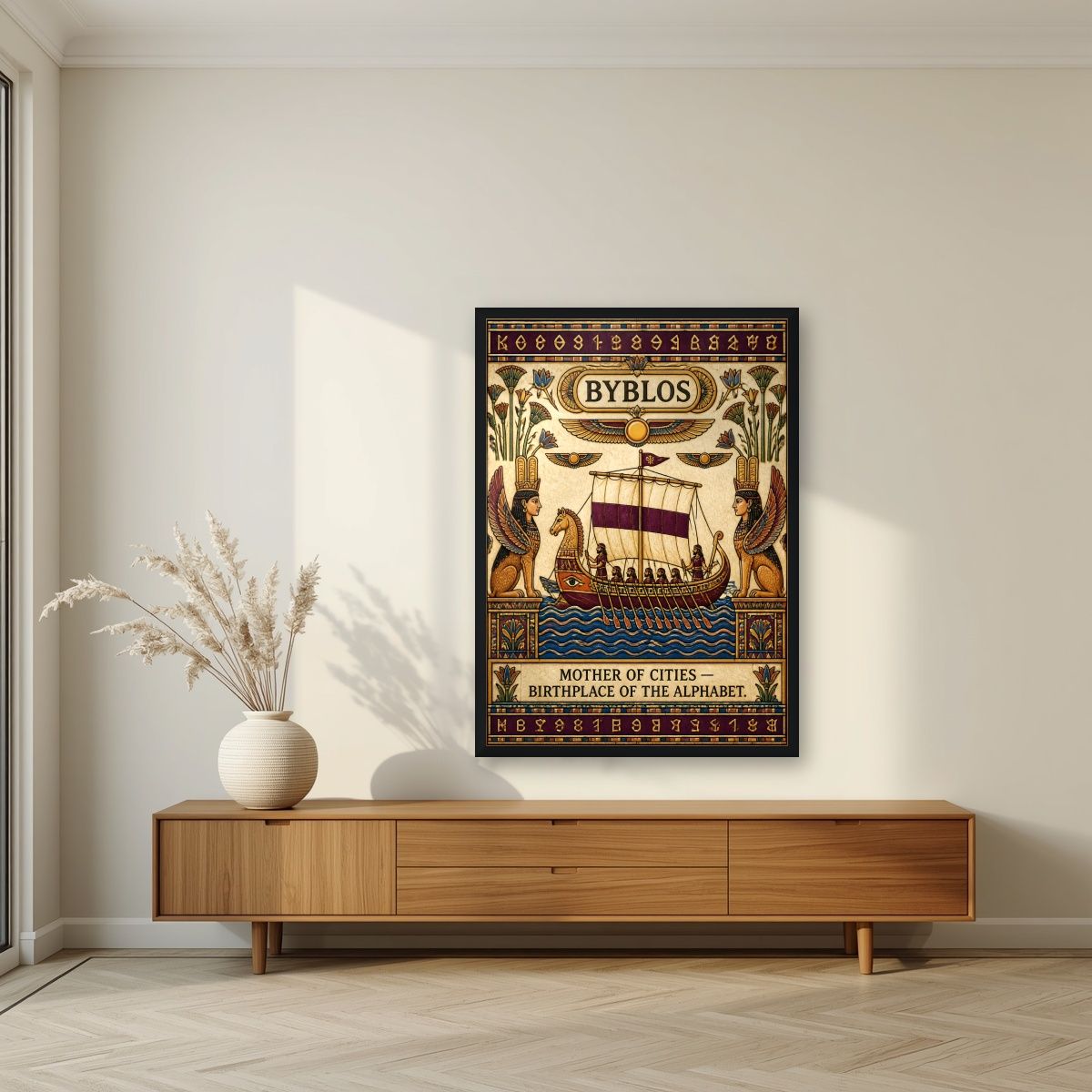 Mother of Cities — Byblos art print, in a black frame, styled in a living room