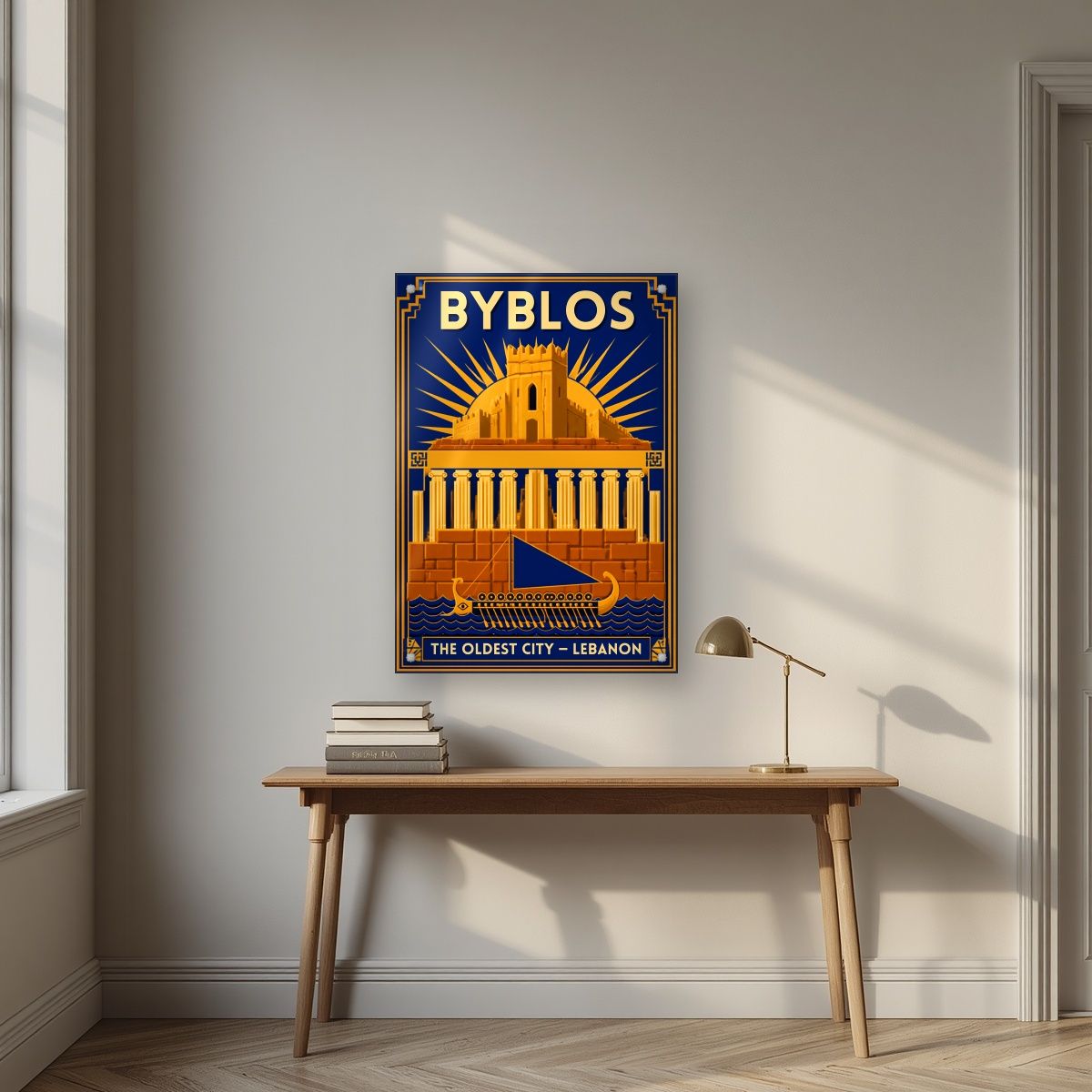 Phoenician Sail — Byblos art print, as an acrylic print, styled in a desk