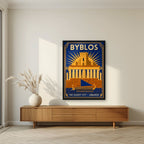 Phoenician Sail — Byblos art print, in a black frame, styled in a living room