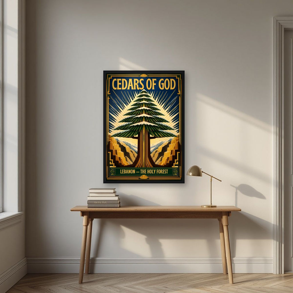 Golden Cedar — Cedars of God art print, in a black frame, styled in a desk