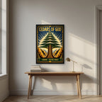 Golden Cedar — Cedars of God art print, in a black frame, styled in a desk