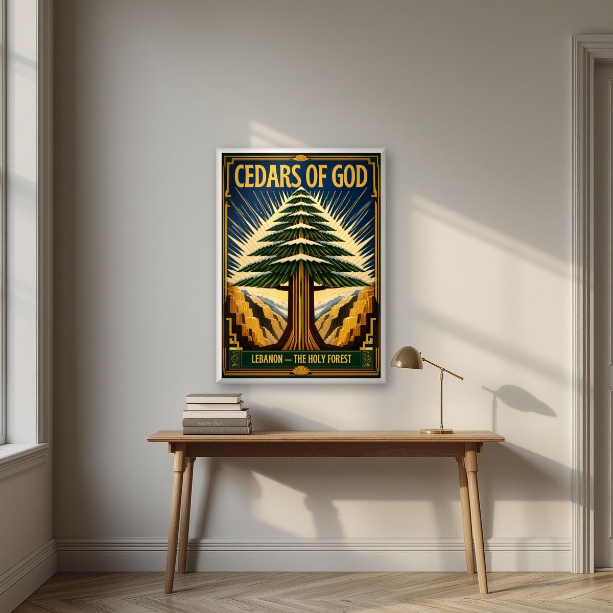 Golden Cedar — Cedars of God art print, in a white frame, styled in a desk