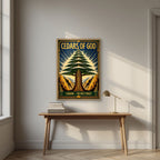 Golden Cedar — Cedars of God art print, in an oak frame, styled in a desk