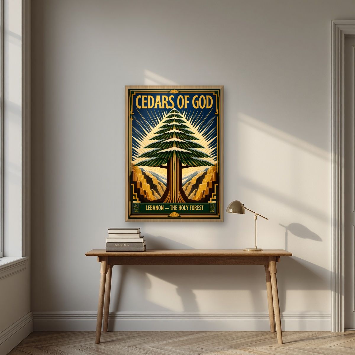 Golden Cedar — Cedars of God art print, in an oak frame, styled in a desk